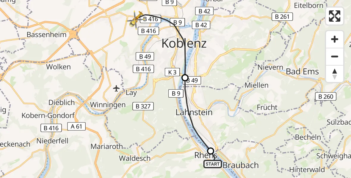 Flugroute Rettungshubschrauber Rhens - Koblenz, 24 April 2026, 08:00