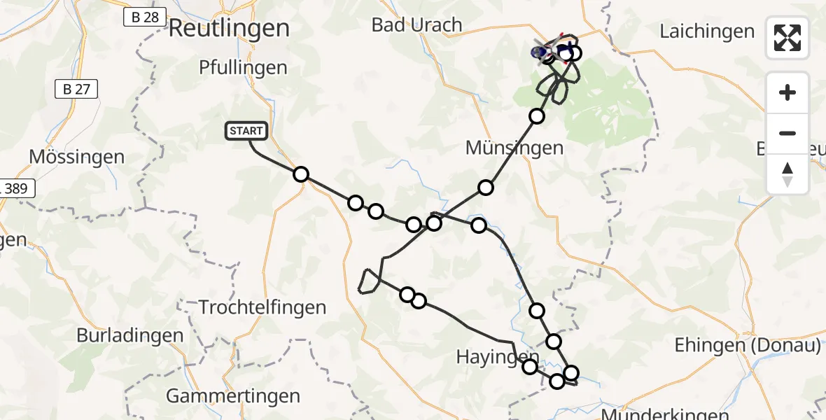 Flugroute Polizeihubschrauber Lichtenstein - Römerstein, 24 April 2026, 08:08