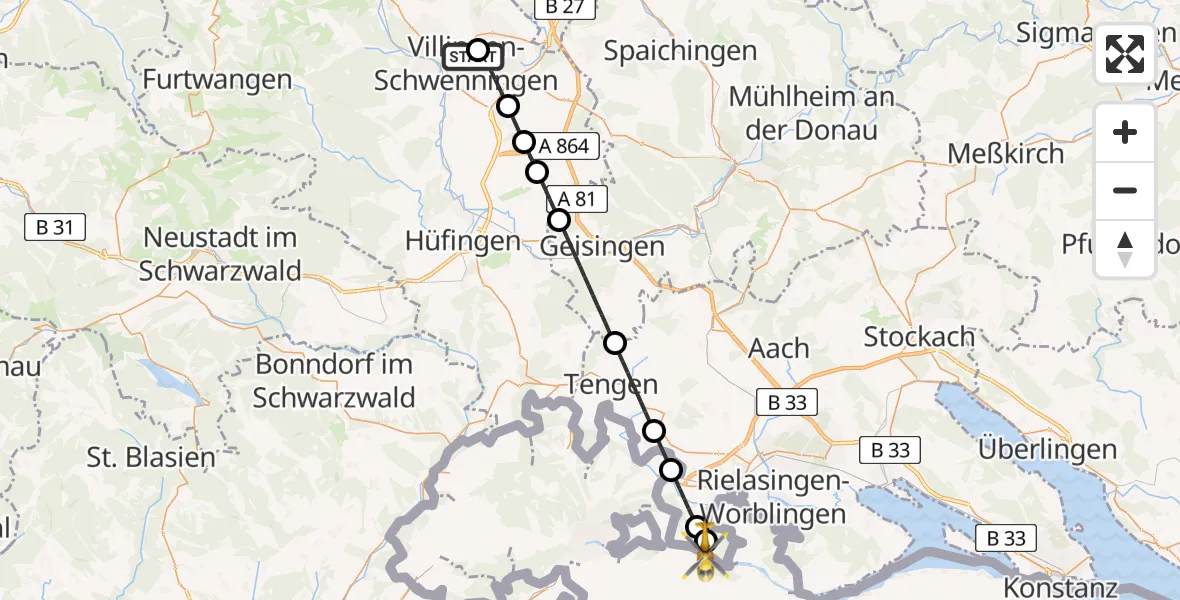 Flugroute Rettungshubschrauber DRF Air Rescue Station Villingen-Schwenningen Hubschrauberlandeplatz (Christoph 11) - Hegau-Jugendwerk Neurological Hospital Hubschrauberlandeplatz, 24 April 2026, 08:14