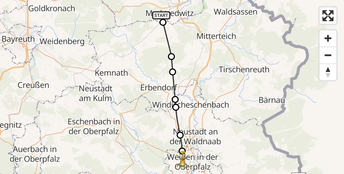 Flugroute Rettungshubschrauber Marktredwitz - Weiden i.d.OPf., 24 April 2026, 08:18
