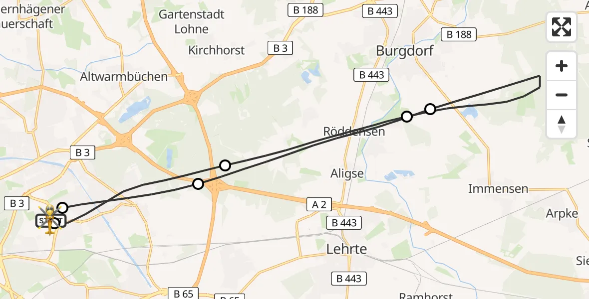 Flugroute Rettungshubschrauber Hannover Luftrettung Hubschrauberlandeplatz (Christoph 4) - Hannover Luftrettung Hubschrauberlandeplatz (Christoph 4), 24 April 2026, 08:19