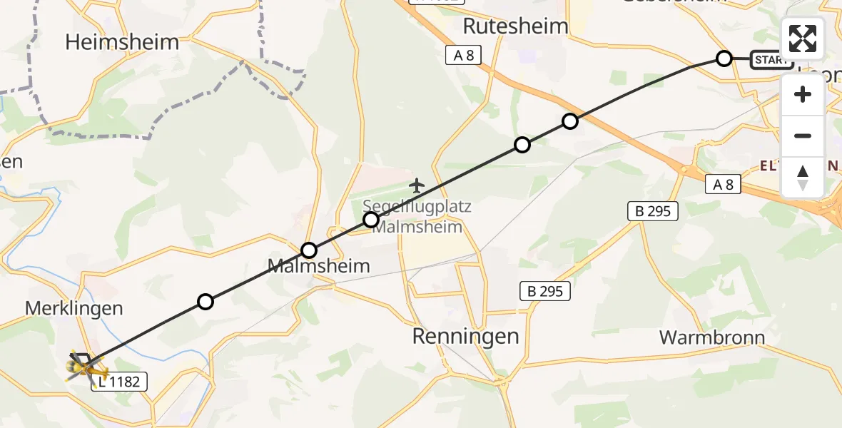 Flugroute Rettungshubschrauber Leonberg Hospital - Weil der Stadt, 24 April 2026, 08:19