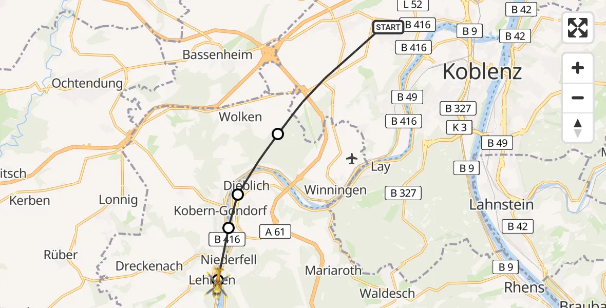 Flugroute Rettungshubschrauber Koblenz - Lehmen, 24 April 2026, 08:19