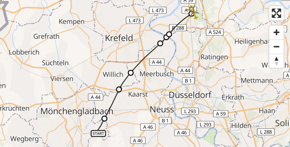 Flugroute Rettungshubschrauber Mönchengladbach - Duisburg Air Rescue Hubschrauberlandeplatz (Christoph 9), 24 April 2026, 08:20