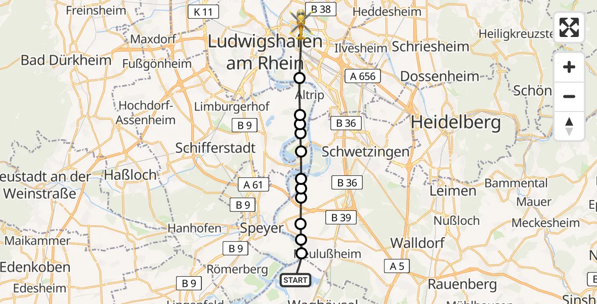 Flugroute Rettungshubschrauber Oberhausen-Rheinhausen - Mannheim, 24 April 2026, 08:25