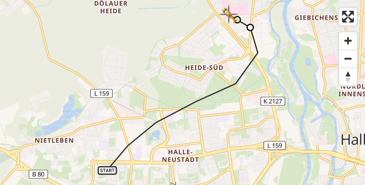 Flugroute Rettungshubschrauber Halle (Saale) - Halle (Saale) University Hospital, 24 April 2026, 08:31