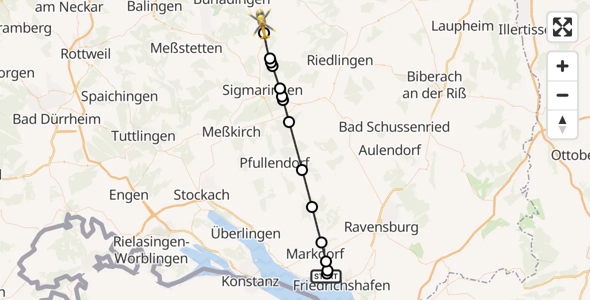 Flugroute Rettungshubschrauber Friedrichshafen Hospital - Hettingen, 24 April 2026, 08:35