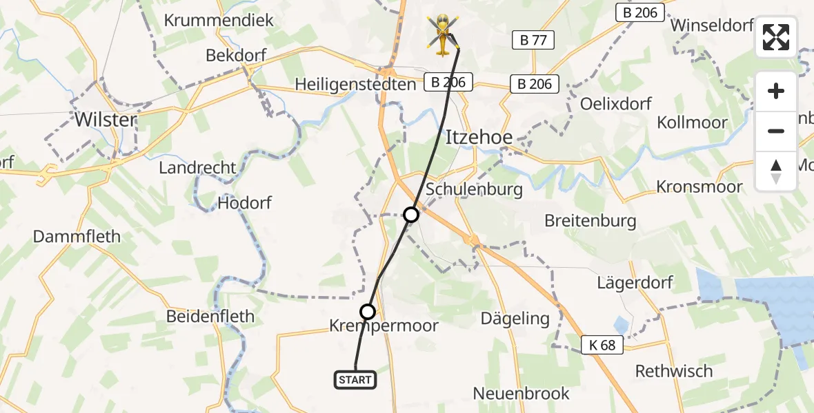 Flugroute Rettungshubschrauber Bahrenfleth - Itzehoe, 24 April 2026, 08:37