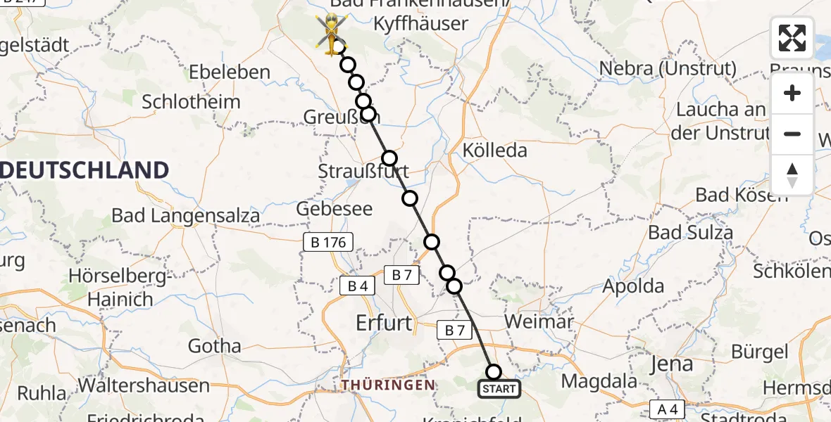 Flugroute Ambulanzhubschrauber Bad Berka - Kyffhäuserland, 24 April 2026, 08:48