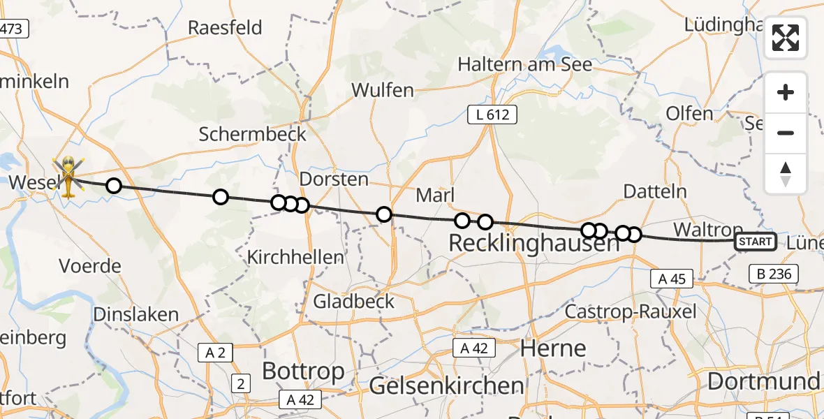 Flugroute Rettungshubschrauber Waltrop - Wesel, 24 April 2026, 08:51