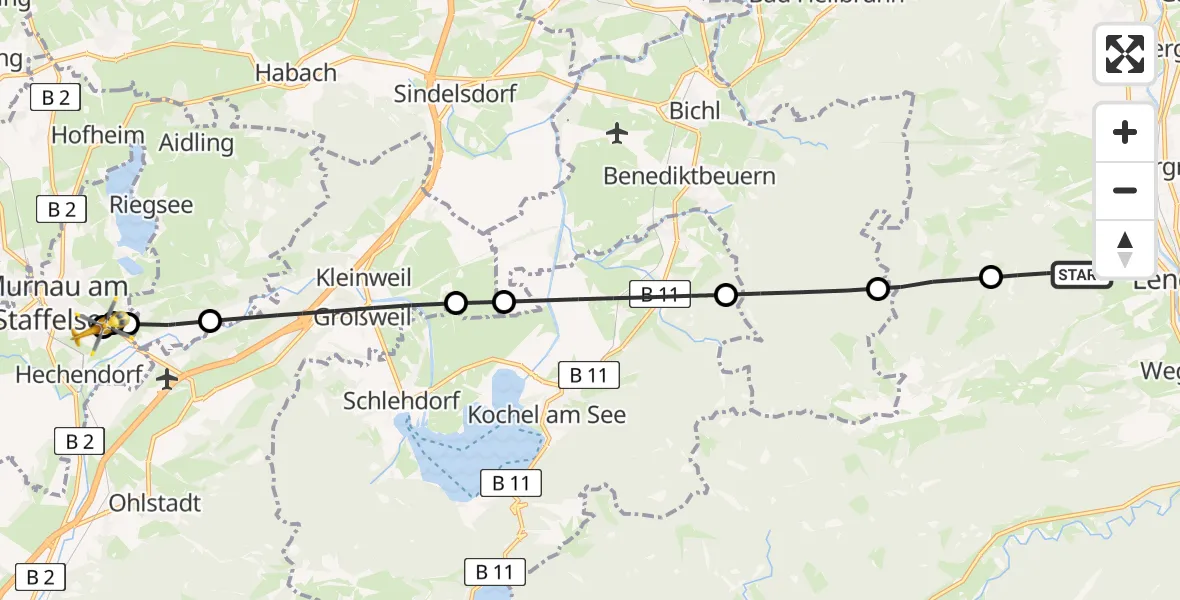 Flugroute Rettungshubschrauber Lenggries - Murnau Accident Hospital, 24 April 2026, 08:53