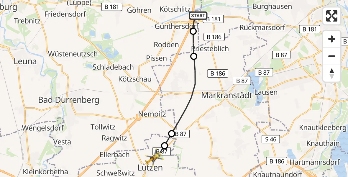Flugroute Rettungshubschrauber ADAC Air Rescue Station Leipzig/Schkeuditz-Dölzig Hubschrauberlandeplatz (Christoph 61) - Lützen, 24 April 2026, 08:54