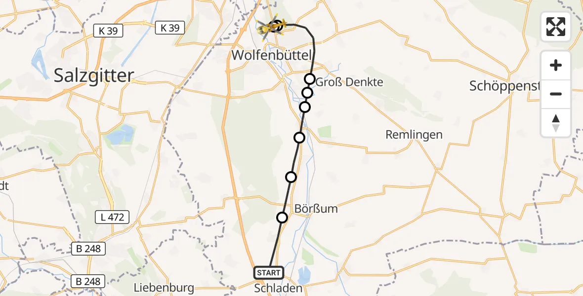 Flugroute Rettungshubschrauber Schladen-Werla - Wolfenbüttel Municipal Hospital Heliport (Christoph 30), 24 April 2026, 08:55