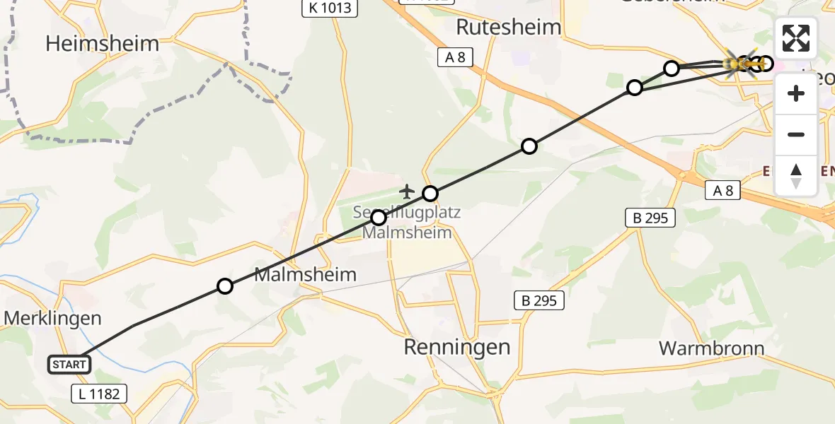 Flugroute Rettungshubschrauber Weil der Stadt - Leonberg Hospital Hubschrauberlandeplatz, 24 April 2026, 08:57