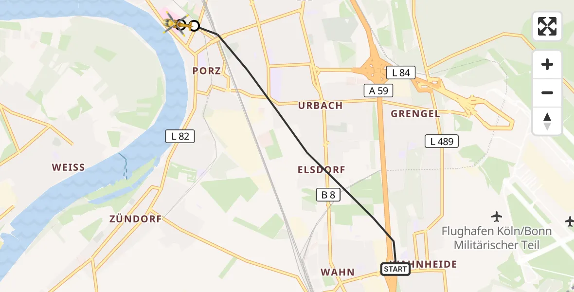 Flugroute Rettungshubschrauber Köln - Porz am Rhein Hospital, 24 April 2026, 09:02