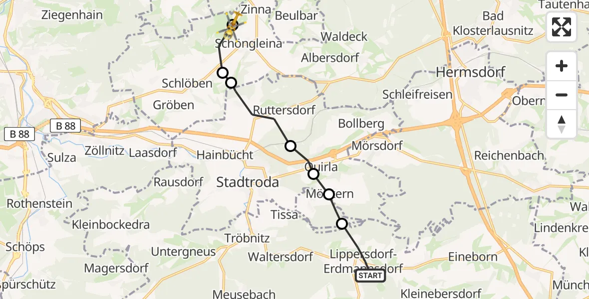 Flugroute Rettungshubschrauber Lippersdorf-Erdmannsdorf - Jena-Schöngleina Flugplatz, 24 April 2026, 09:03