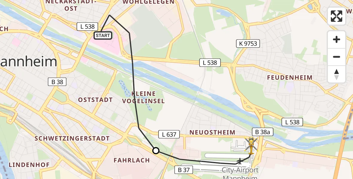 Flugroute Rettungshubschrauber Mannheim - Mannheim-City Flughafen, 24 April 2026, 09:06