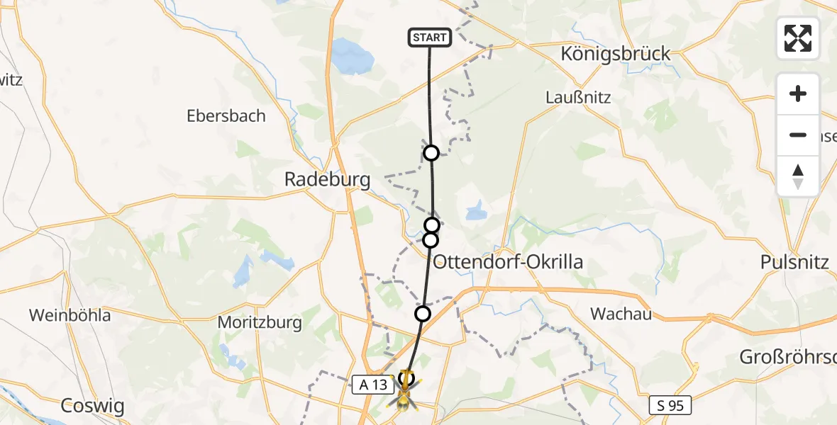 Flugroute Rettungshubschrauber Thiendorf - Dresden Bundespolizei Hubschrauberlandeplatz, 24 April 2026, 09:09