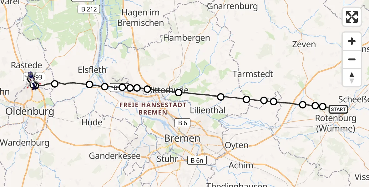 Flugroute Polizeihubschrauber Scheeßel - Rastede, 24 April 2026, 09:10