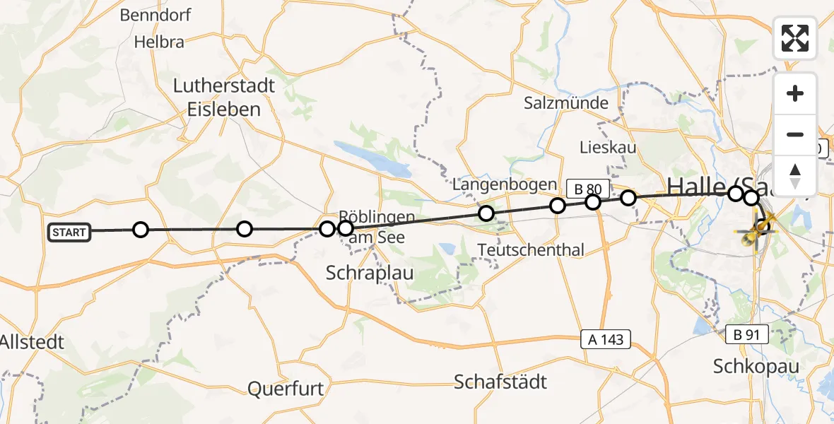 Flugroute Ambulanzhubschrauber Allstedt - BG Hospital Bergmannstrost Halle, 24 April 2026, 09:12