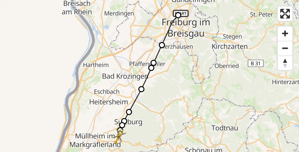 Flugroute Rettungshubschrauber Freiburg im Breisgau Flugplatz - Müllheim im Markgräflerland, 24 April 2026, 09:17