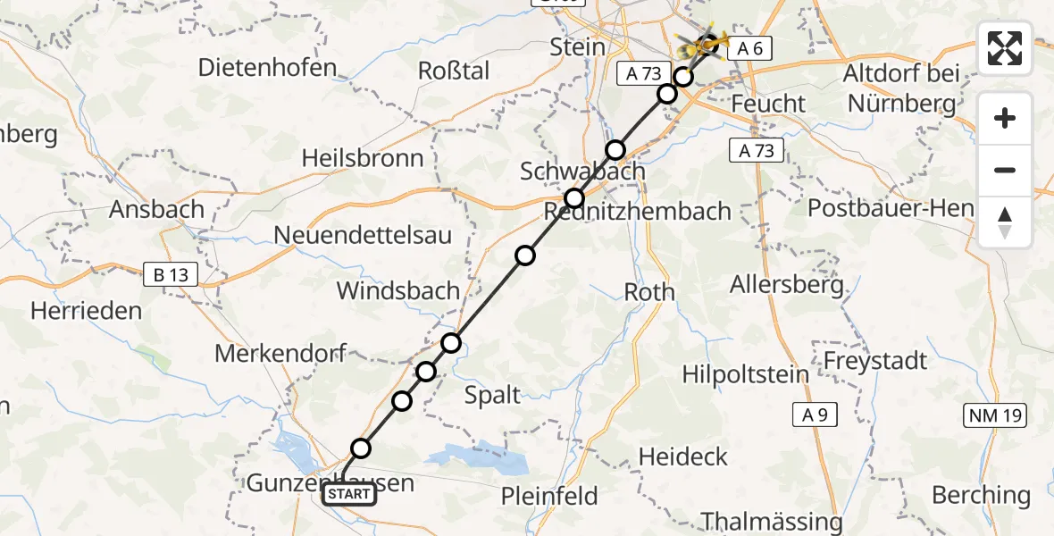 Flugroute Ambulanzhubschrauber Gunzenhausen - Nürnberg South Hospital, 24 April 2026, 09:23