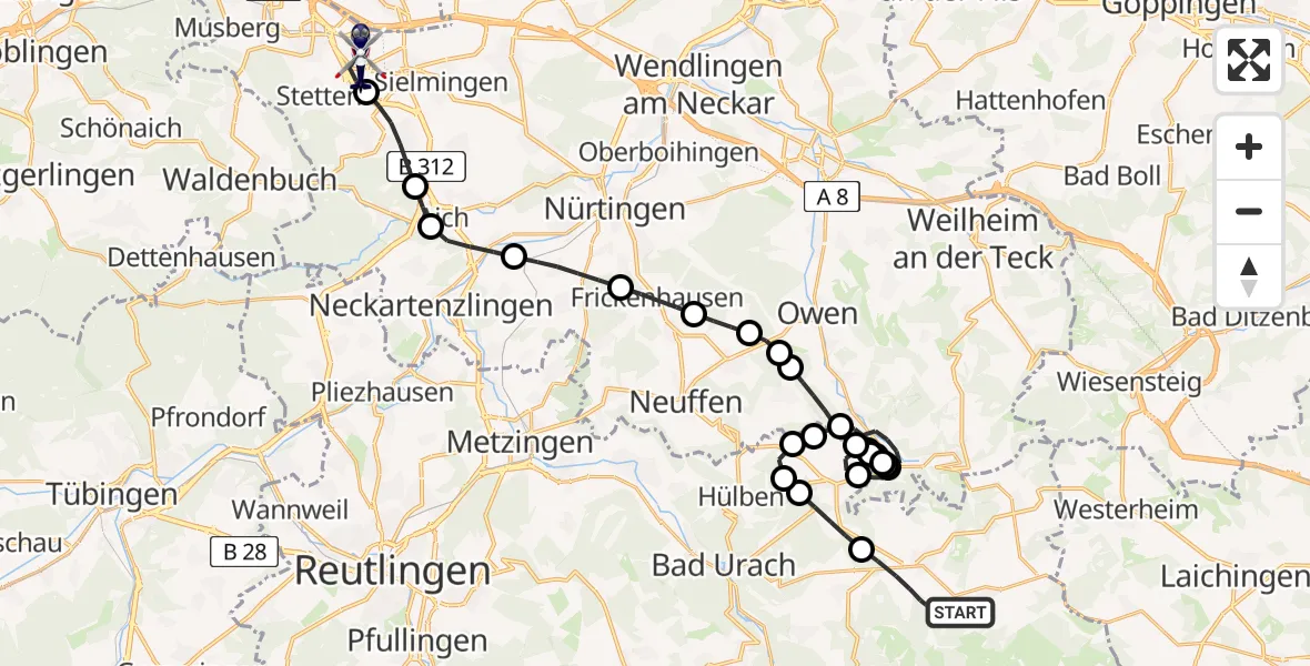 Flugroute Polizeihubschrauber Römerstein - Flughafen Stuttgart, 24 April 2026, 09:24