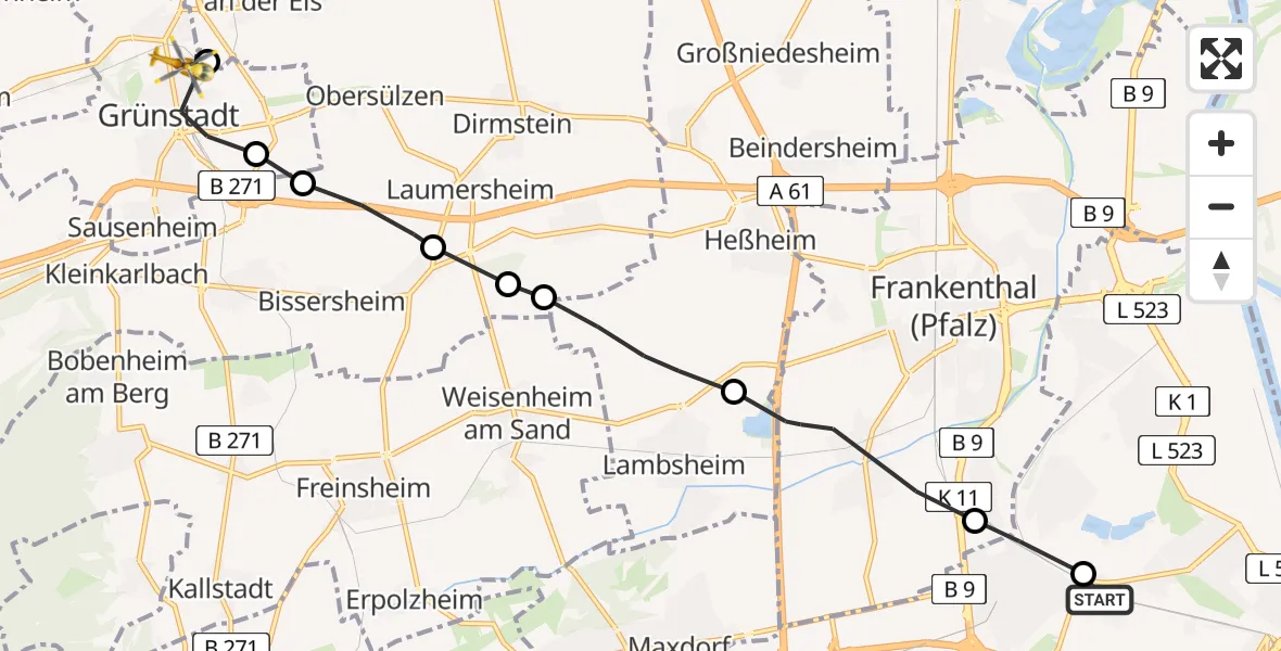 Flugroute Rettungshubschrauber Ludwigshafen Accident Hospital - Grünstadt, 24 April 2026, 09:29