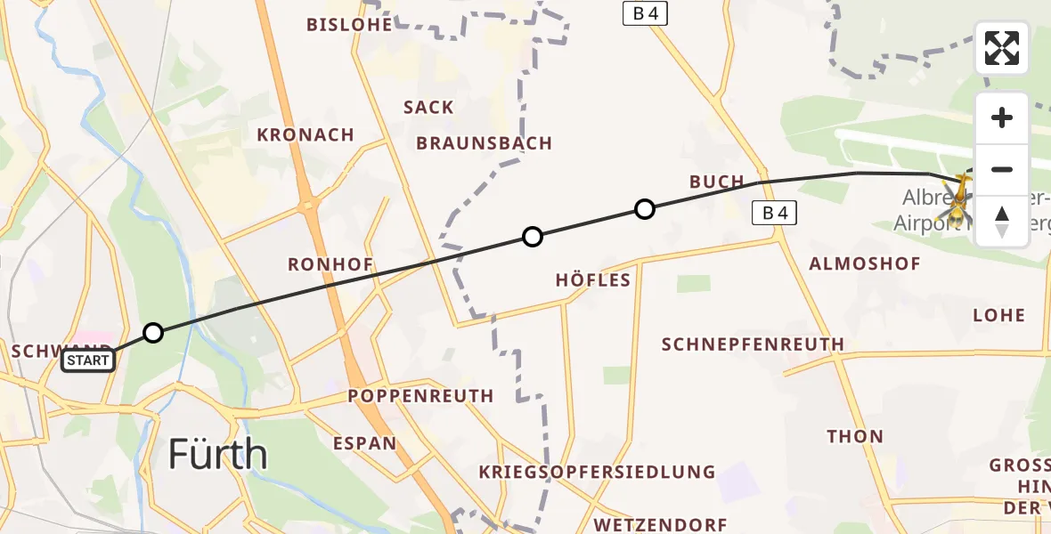 Flugroute Rettungshubschrauber Fürth Hospital - Flughafen Nuremberg, 24 April 2026, 09:31