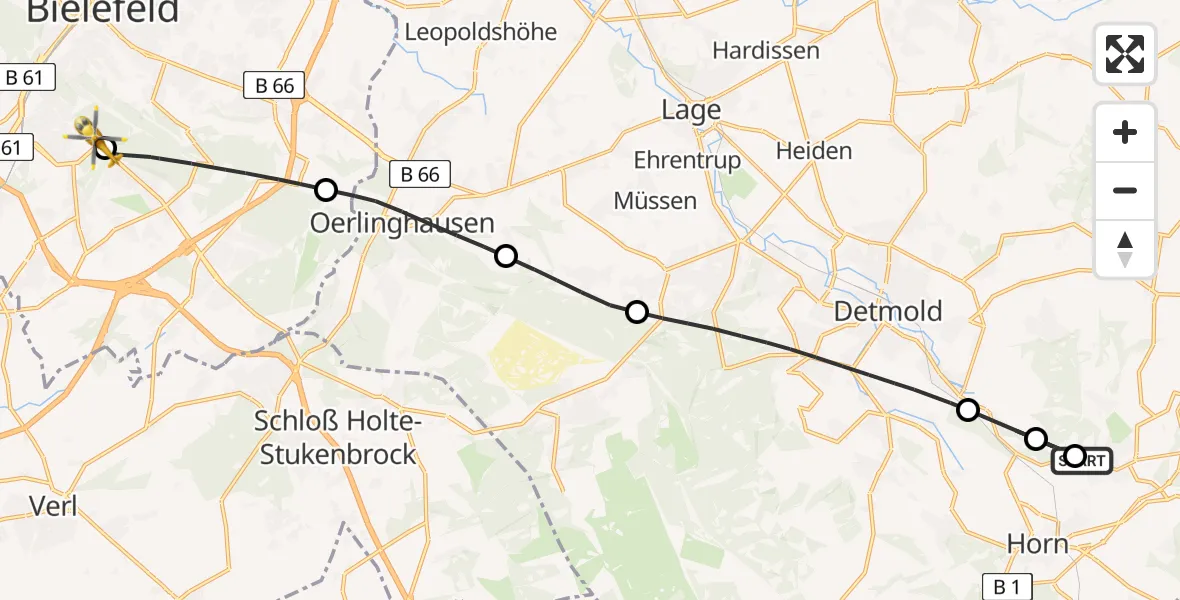 Flugroute Rettungshubschrauber Horn-Bad Meinberg - Luftrettungszentrum Bielefeld, 24 April 2026, 09:32