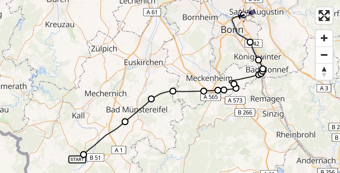 Flugroute Polizeihubschrauber Hellenthal - Sankt Augustin, 24 April 2026, 09:35