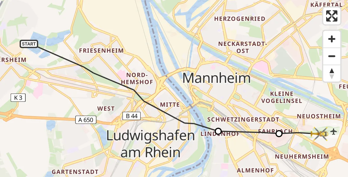 Flugroute Ambulanzhubschrauber Ludwigshafen am Rhein - Mannheim-City Flughafen, 24 April 2026, 09:36