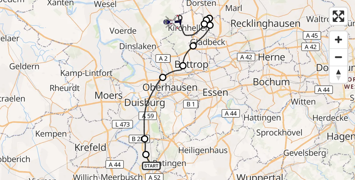 Flugroute Polizeihubschrauber Düsseldorf Flughafen - Dinslaken-Schwarze Heide Flugplatz, 24 April 2026, 09:47
