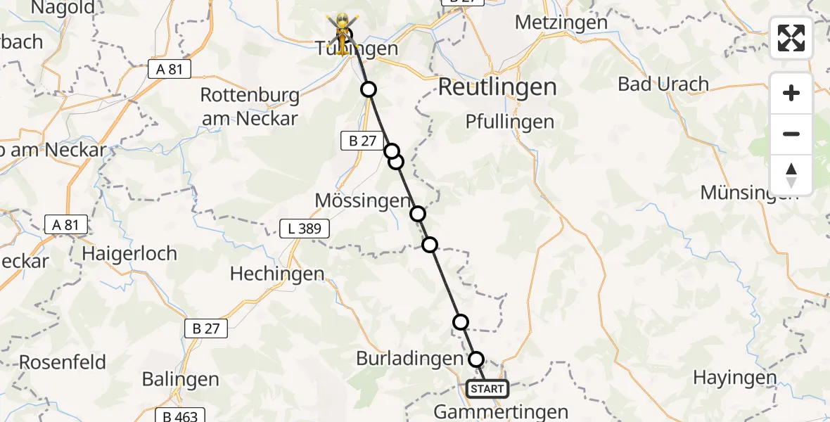Flugroute Rettungshubschrauber Gammertingen - Tübingen University Hospital, 24 April 2026, 09:49