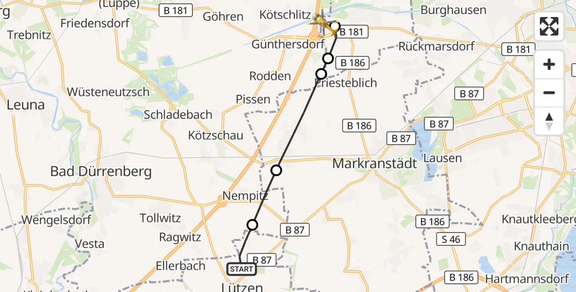 Flugroute Rettungshubschrauber Lützen - ADAC Air Rescue Station Leipzig/Schkeuditz-Dölzig Hubschrauberlandeplatz (Christoph 61), 24 April 2026, 09:51
