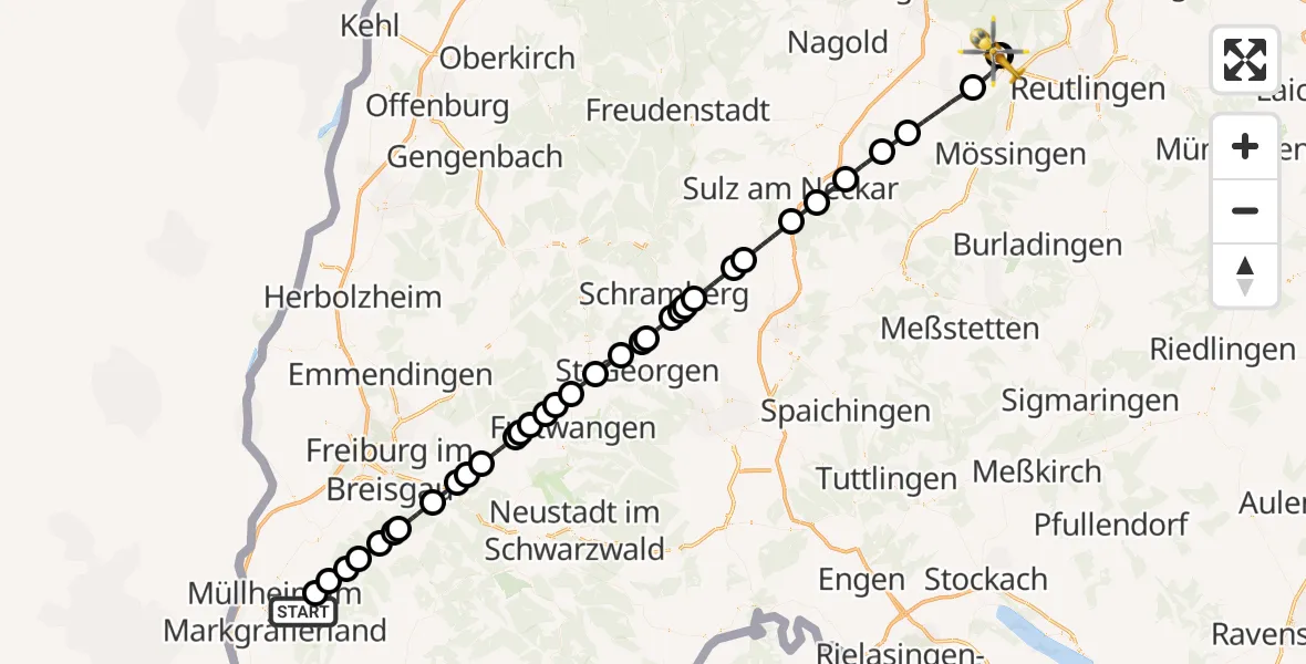 Flugroute Rettungshubschrauber Müllheim im Markgräflerland - Tübingen Trauma Hospital, 24 April 2026, 10:07