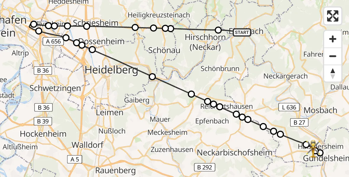 Flugroute Rettungshubschrauber Eberbach - Haßmersheim, 24 April 2026, 10:16