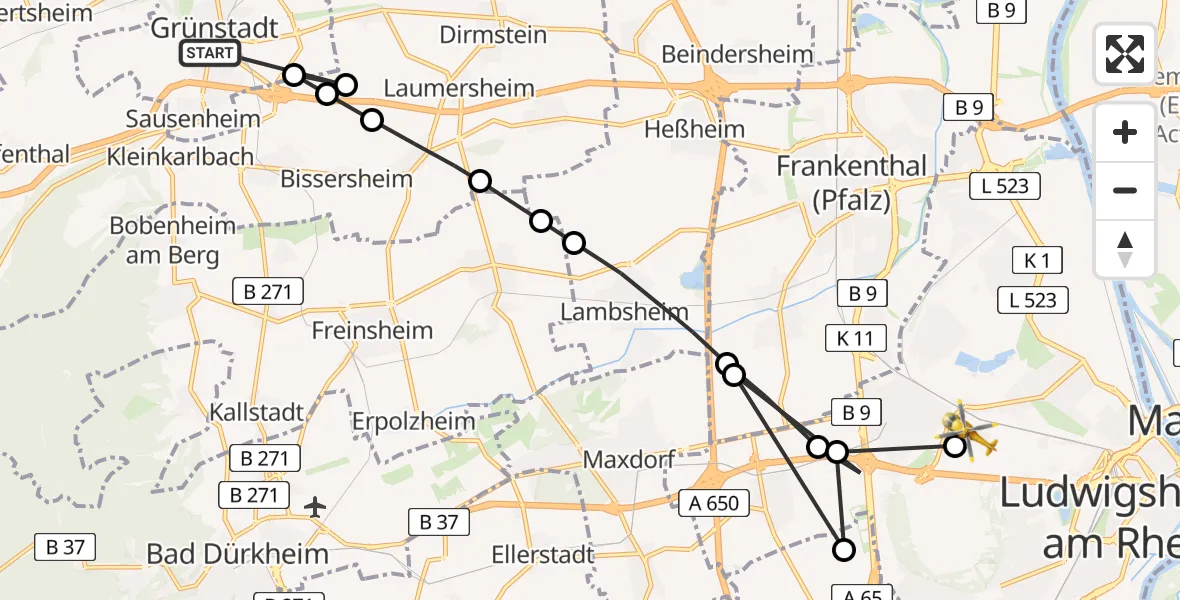 Flugroute Rettungshubschrauber Grünstadt - Ludwigshafen Accident Hospital, 24 April 2026, 10:16
