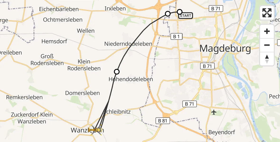 Flugroute Rettungshubschrauber Magdeburg Hospital - Wanzleben-Börde, 24 April 2026, 10:17