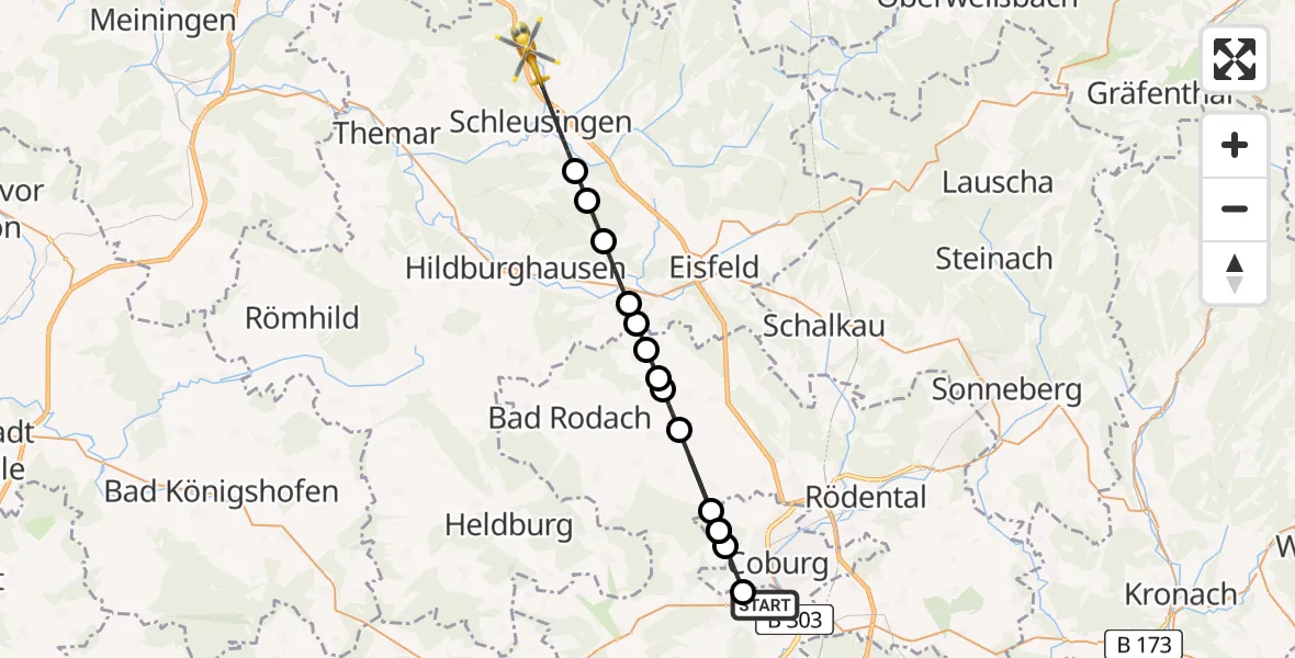 Flugroute Rettungshubschrauber Ahorn - Schleusingen, 24 April 2026, 10:17