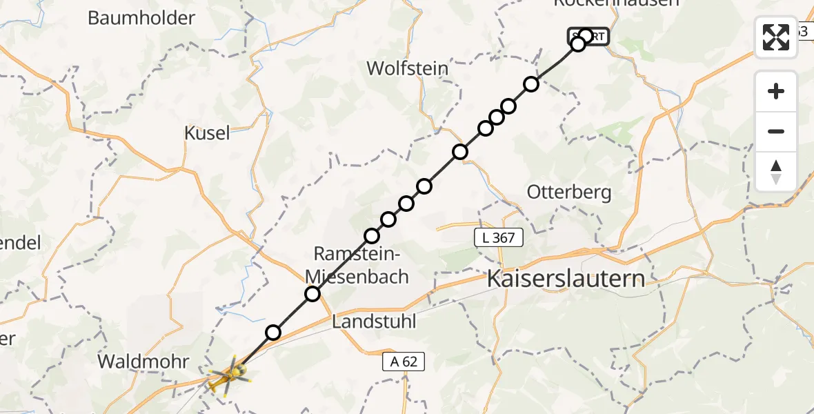 Flugroute Rettungshubschrauber Imsweiler UL - Bruchmühlbach-Miesau, 24 April 2026, 10:17