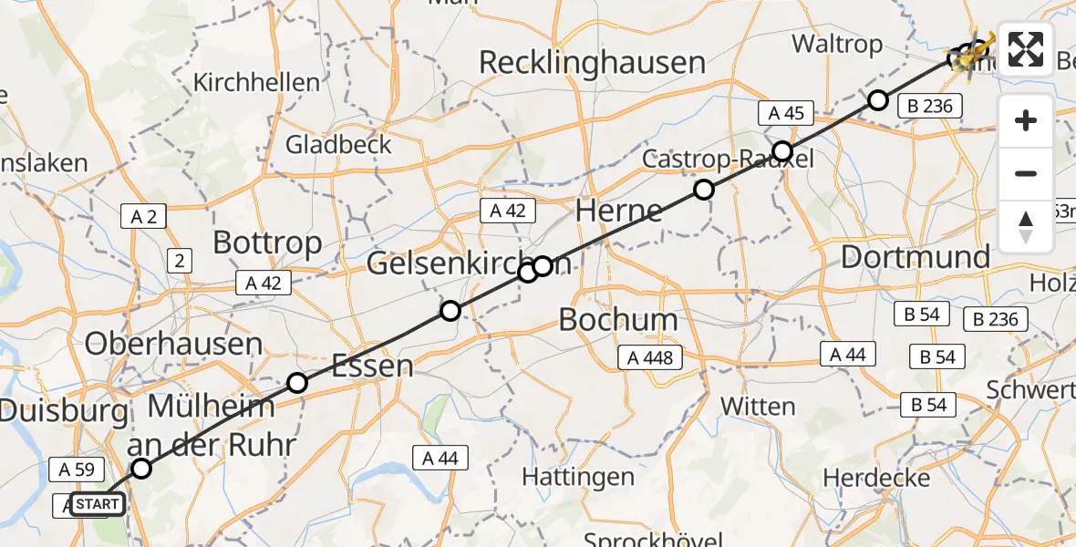 Flugroute Rettungshubschrauber Duisburg - Sankt Marien Hospital, 24 April 2026, 10:27