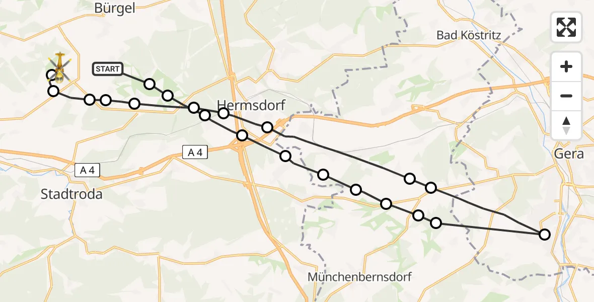 Flugroute Rettungshubschrauber Bürgel - Jena-Schöngleina Flugplatz, 24 April 2026, 10:37