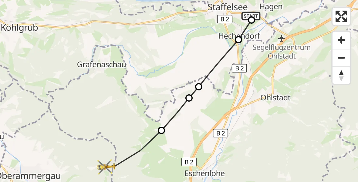 Flugroute Rettungshubschrauber Murnau Accident Hospital - Oberammergau, 24 April 2026, 10:40