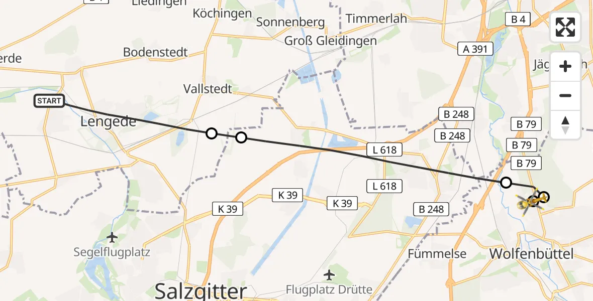 Flugroute Rettungshubschrauber Lengede - Wolfenbüttel Municipal Hospital Heliport (Christoph 30), 24 April 2026, 10:43