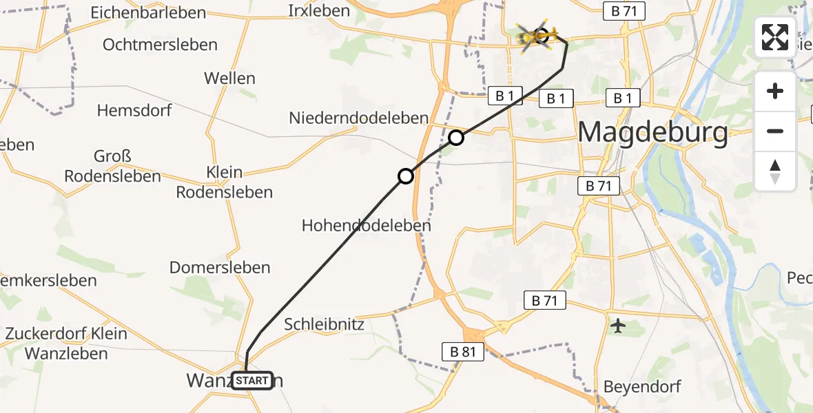 Flugroute Rettungshubschrauber Wanzleben-Börde - Magdeburg Hospital, 24 April 2026, 10:44