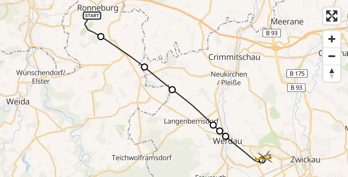 Flugroute Rettungshubschrauber Ronneburg - ADAC Air Rescue Station Zwickau Hubschrauberlandeplatz, 24 April 2026, 10:44