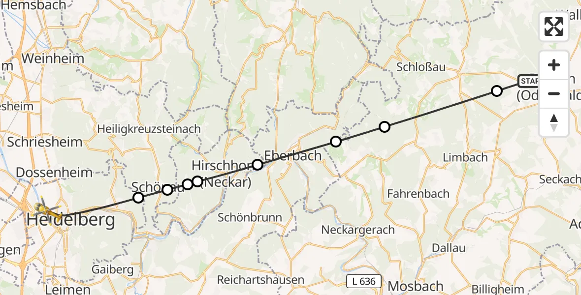 Flugroute Rettungshubschrauber Buchen (Odenwald) - Heidelberg, 24 April 2026, 10:47