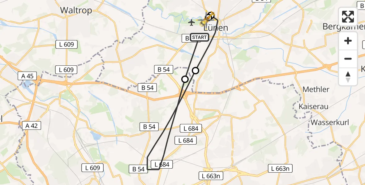 Flugroute Rettungshubschrauber Lünen - Sankt Marien Hospital, 24 April 2026, 10:58