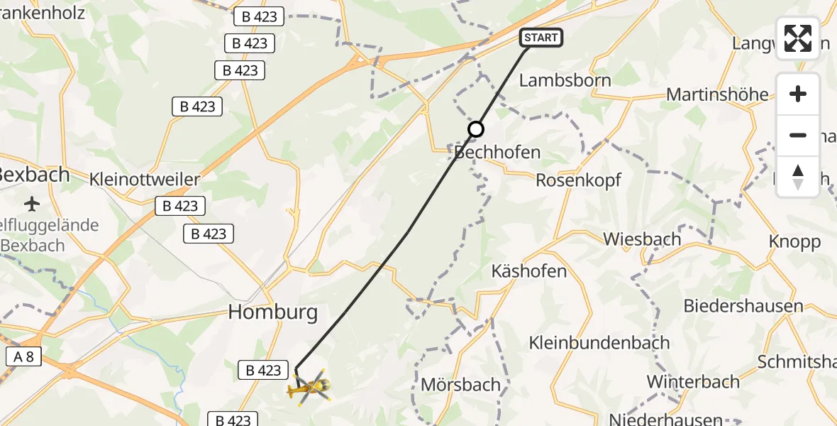 Flugroute Rettungshubschrauber Bruchmühlbach-Miesau - Homburg, 24 April 2026, 10:58